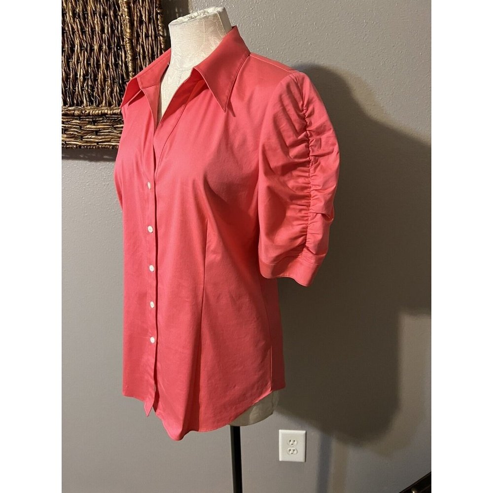 Lafayette 148 NY Shirt Coral 6 Small Short Ruched Sleeve Stretch Cotton - Picture 6 of 10